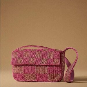 Anthropologie Pink and Copper Checkered Beaded Shoulder Bag